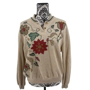 Vintage 80s Teddi Floral Embroidered Sweater Henley Beaded Boho Cottagecore